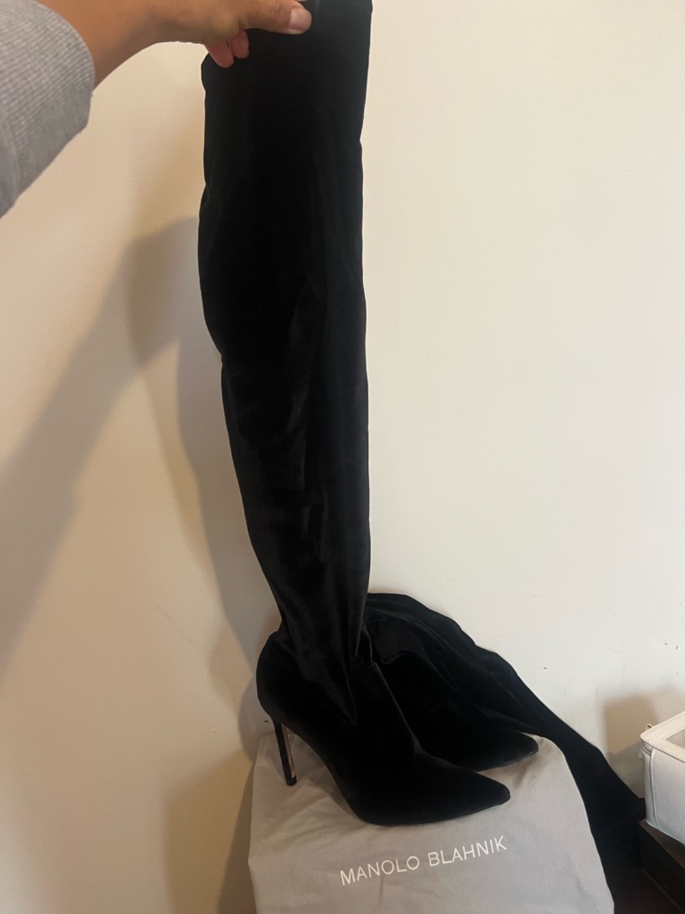 Manolo Blahnik Black Velvet Over-the-Knee Stiletto Boots